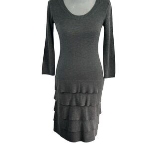 Calvin Klein Gray Tiered Knit Sweater Dress – Minimalist Chic Layered Hem